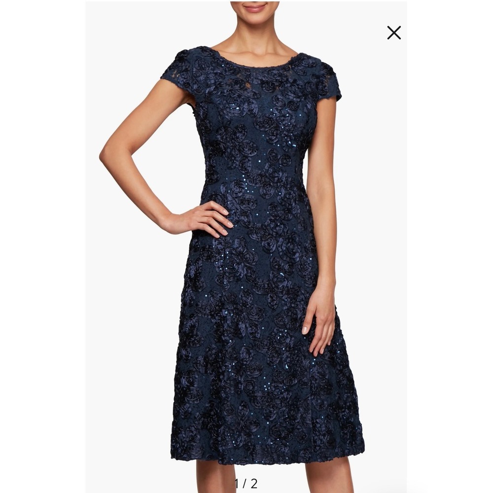 Alex Evenings Navy Blue Floral Lace Sequin Rosette Embellished Midi Dress Size 8 - Picture 15 of 16